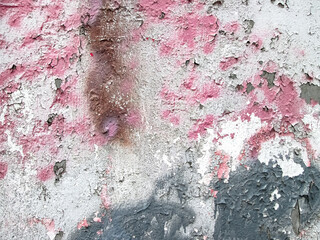 Pink spots on the white shabby paint. The texture of the old coating.