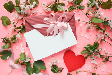 Obraz premium Happy Valentine's Day greeting card. flowers and red heart on white background