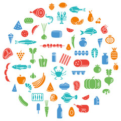 Different food groups. Color differentiation. Vegetables, fruits, meat, seafood and dairy stylish badges. Vector graphics