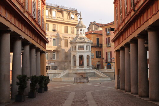 Acqui Terme, Italy - jan 2020: romanic central square with Thermal water fountain