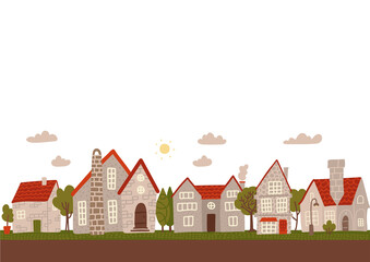 Cozy day small town street. Cartoon grey city buildings flat vector illustration. Empty space for text.