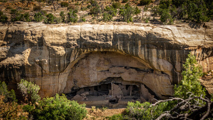 Close up of ruins of old historic clay town in mesa verde national park in america at sunny day