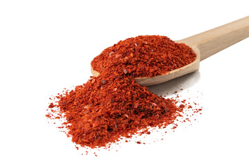 chilli pepper seedless flakes  in wooden spoon isolated on white background. Spices and food...