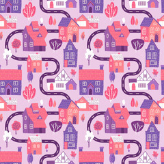Cute seamless pattern with road, houses and trees on pink background. Spring town map. Flat vector illustration.
