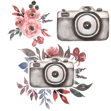 Watercolor Vintage  camera clip art with gray pink bouquet. Perfect for photography logo. Watercolor retro photo camera illustration.