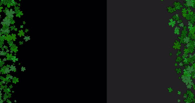 Abstract video overlay with falling clover borders in cartoon or comic style. Backdrop with a transparent background on the theme of st patrick's day. An infinitely looping pattern.