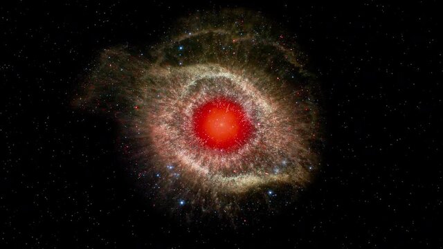 Approaching to spectacular galaxy rotating in outer space red center named eye of God and animated stars in sky. Based on image furnished by Nasa