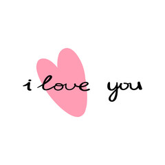 Heart and lettering love you, doodle vector illustration. Valentine's day postcard, sticker, decal. Unit element isolated on white background
