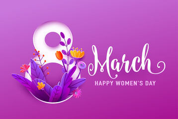 8 march, happy womens day greeting banner vector illustration in 3d paper cut style. Big number eight with spring flowers and leaves on purple background