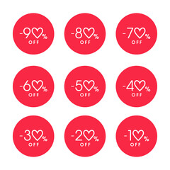 A set of labels with discounts. Discount icons from 10 to 90 percent. Stickers for Valentine's Day, March 8. Discount signs with a heart. Numbers with a heart instead of a zero. 