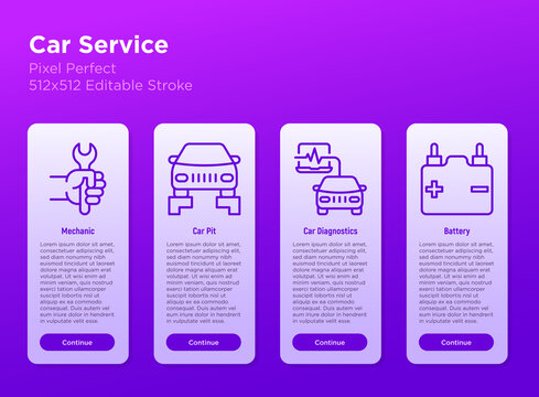 Car service mobile user interface with thin line icons: mechanic, car pit, computer diagnostics, battery. Pixel perfect, editable stroke. Vector illustration, template with copy space.