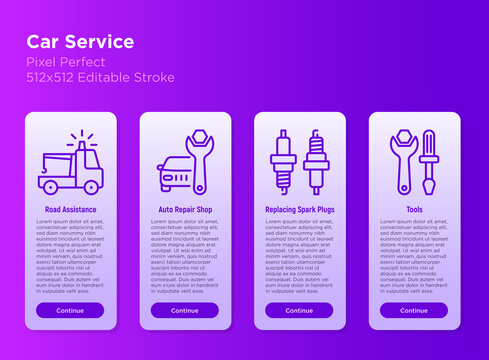 Car service mobile user interface with thin line icons: auto repair shop, road assistance, tools, replacing spark plugs. Pixel perfect, editable stroke. Vector illustration.