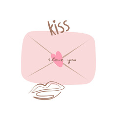 Vector, doodle. Envelope with heart and lettering "I love you". Valentine's day card with the image of lips and the inscription "kiss" love letter. Isolated on white background