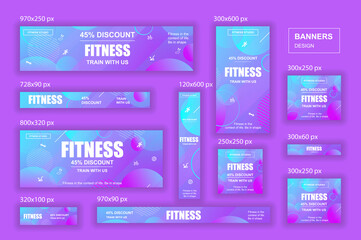 Collection web banners different sizes for mobile and social networks, poster, shopping ads, marketing material. Bundle banners for product promotion, fitness club, GYM, energetic fit training.