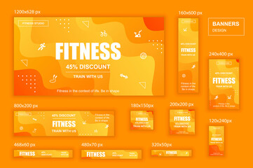 Collection web banners different sizes for mobile and social networks, poster, shopping ads, marketing material. Bundle banners for product promotion, fitness club, GYM, energetic fit training.