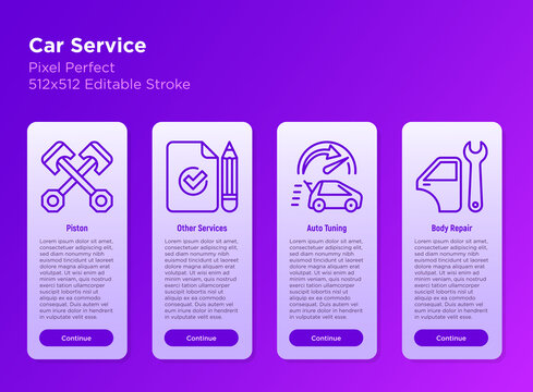 Car service mobile user interface with thin line icons: piston, auto service, auto tuning, body repairs. Pixel perfect, editable stroke. Vector illustration.