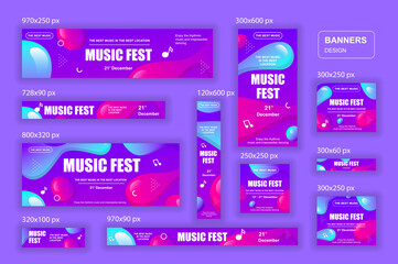 Collection web banners different sizes for mobile and social networks, poster, shopping ads, marketing material. Bundle banners for product promotion, music fest, dj party, musical holiday.