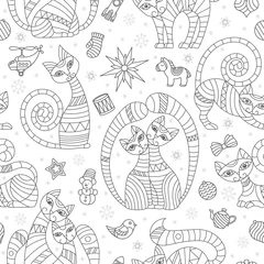 Zelfklevend Fotobehang Seamless pattern on the theme of new year and Christmas with cats and toys, dark outlines on a white background © Zagory