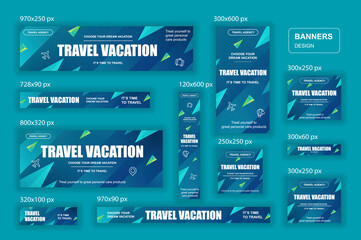 Collection web banners different sizes for mobile and social networks, poster, shopping ads, marketing material. Bundle banners for product promotion, travel agency, journey, vacation, traveling. © alexdndz