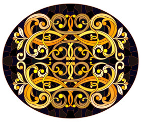 Illustration in stained glass style with floral ornament ,imitation gold on dark background with swirls and floral motif,horizontal orientation, oval image