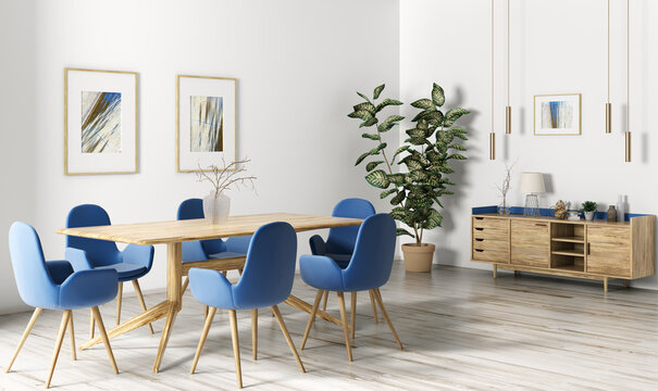 Interior design of modern dining room, wooden table and blue chairs 3d rendering