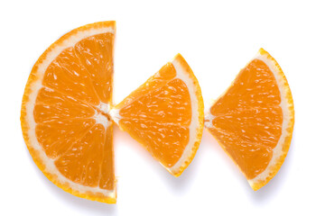 Slice of orange citrus fruit stand isolated on white background with clipping path. Full depth of field.