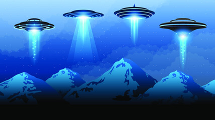 Abstract Sky Forest Background Silhouette With Flying Sauce Ufo NIght Clouds Mountains Vector Design Style © Дмитрий