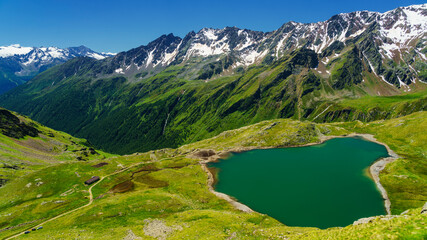 Passo Gavia, mountain pass in Lombardy, Italy, to Val Camonica at summer. Lake