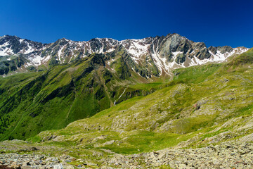 Passo Gavia, mountain pass in Lombardy, Italy, to Val Camonica at summer