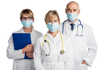 Medical team wearing face masks while standing at isolated white background