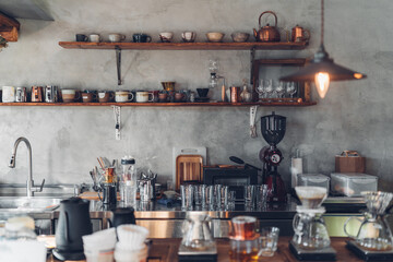 Empty coffee shop interior daytime with wooden design. The coffee bar decors in retro style with coffee equipments