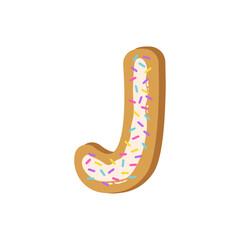 Cookies in the form of the letter J. Alphabet made from cookies with confetti. Vector illustration of letters. Cute font design, object isolated.