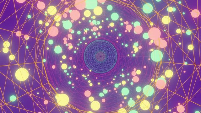 abstract background of geometric rotating circles with flying bright particles. the wheel of samsara the cycle of birth and death in the worlds limited by karma