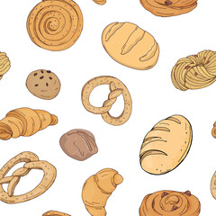 Pattern with bakery products. Various types of homemade bread and sweet pastries. Colorful vector illustration on a white background. Hand drawn.