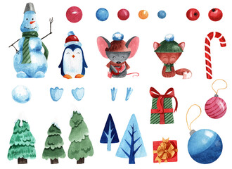 Set of watercolor winter elements. Snowman, penguin, mouse, fox in a watercolor style with various objects. Great for stickers, books, fabrics, decor, designs, and more
