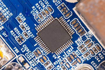 Close up blank microchip on Electronic circuit board.
