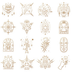 Fototapeta premium Esoteric symbols. Vector Thin line geometric badge. Outline icon for alchemy or sacred geometry. Mystic and magic design with alchemy symbols, snake, wildflower, hourglass, glass, wolf, crow, galaxy