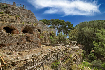 Ancient roman ruins of Villa Jovis. The ruins of Villa Jovis built by emperor Tiberius is located at the edge of a tall cliff on the island of Capri, Tyrrhenian sea, Italy