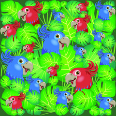 Fototapeta na wymiar tropical pattern with parrots and tropical leaves on green background