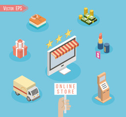 Creative flat line icons of store, goods, online shoping