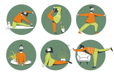 Men perform various yoga asanas, sports at home. A set of characters leading a healthy lifestyle.