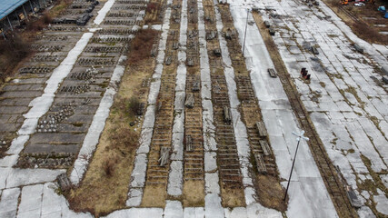 Aerial drone view of old and abandoned industrial complex. Former factory.  