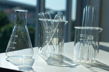 test tubes and glass beaker in medical science laboratory. Health care and medicine concept. virus pandemic prevention concept. 
