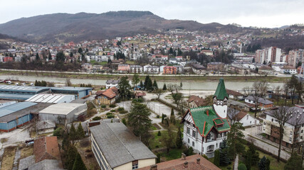 Aerial drone view of town of Zavidovici in Central Bosnia and Herzegovina. Zavidovici, town and municipality in BiH. 