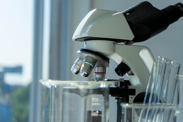 test tubes and glass beaker in medical science laboratory. Health care and medicine concept. virus pandemic prevention concept. 