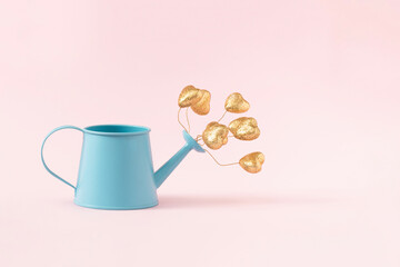 Obraz na płótnie Canvas Golden hearts blooming out of blue flower watering can against pastel pink background. Creative minimal love concept.