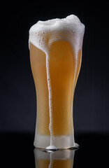 light beer with foam in a glass on a black background