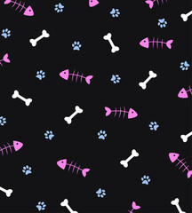 Seamless pattern with animal blue paw and different bones on dark grey background.
Сan be used for wallpaper, website background, textures surface, printing on textiles.