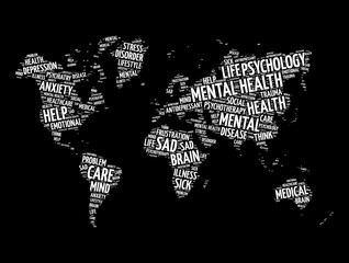 Fototapeta na wymiar Mental health word cloud in shape of world map, social concept background