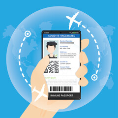 Immunity vaccinated passport for travel during Coronavirus pandemic concept. COVID-19 immuned vaccination electronic passport on smart phone, mobile app. Vector of international boarding pass